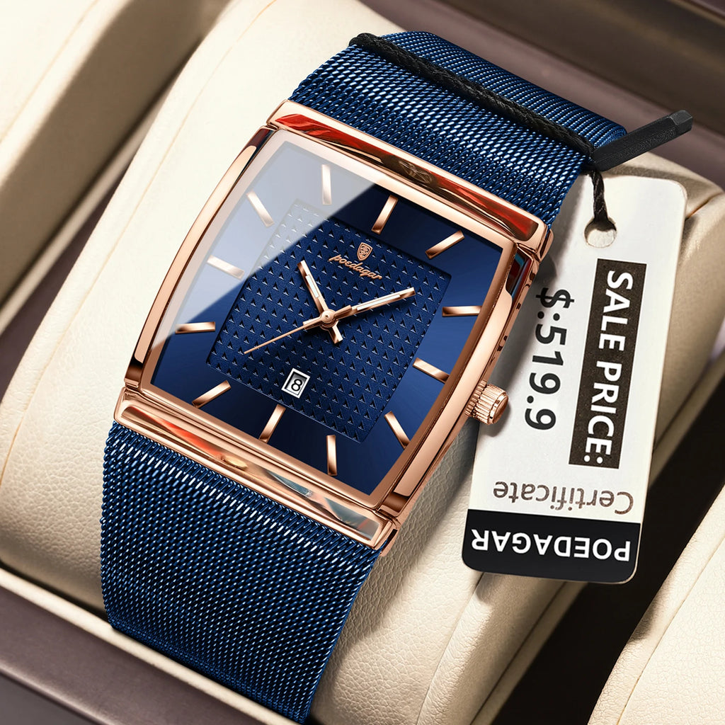 Poedagar 885 Men's Stainless Steel Mesh Quartz Watch Luminous Date Display Waterproof Luxury Fashion Watch Square Watch for Men