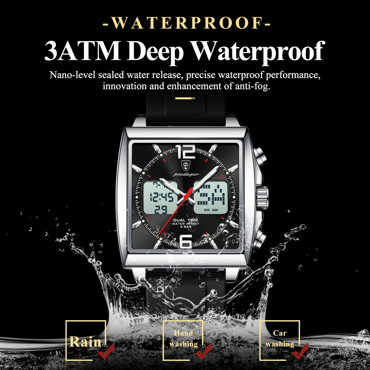 Poedagar E109 Men's Watch Dual Display Multifunctional Chronograph Quartz Silicone Strap Alarm Luminous Waterproof Watch for Men