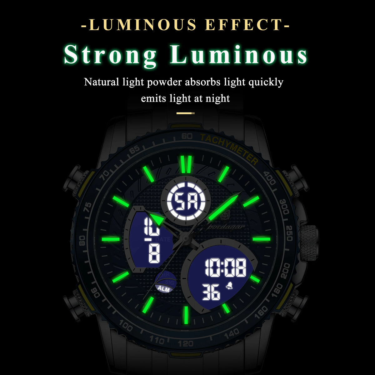 Poedagar E127 Mens Watch Dual Display Analog-Digital Watches Herrenuhr Luminous Waterproof Sport Stainless Steel Watch for Men
