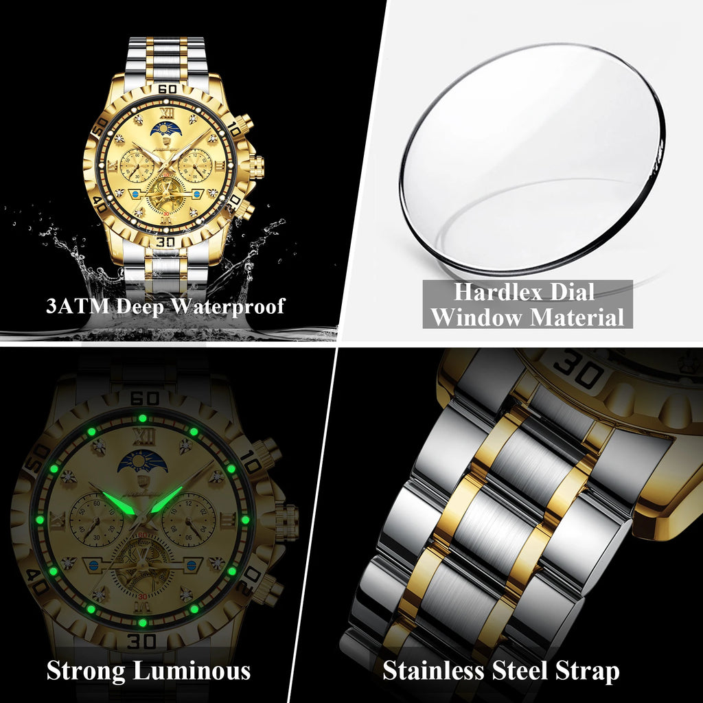 Poedagar 634 Classic Men's Chronograph Watch All Gold Stainless Steel Luminous Waterproof Quartz Watch for Men Business Reloj
