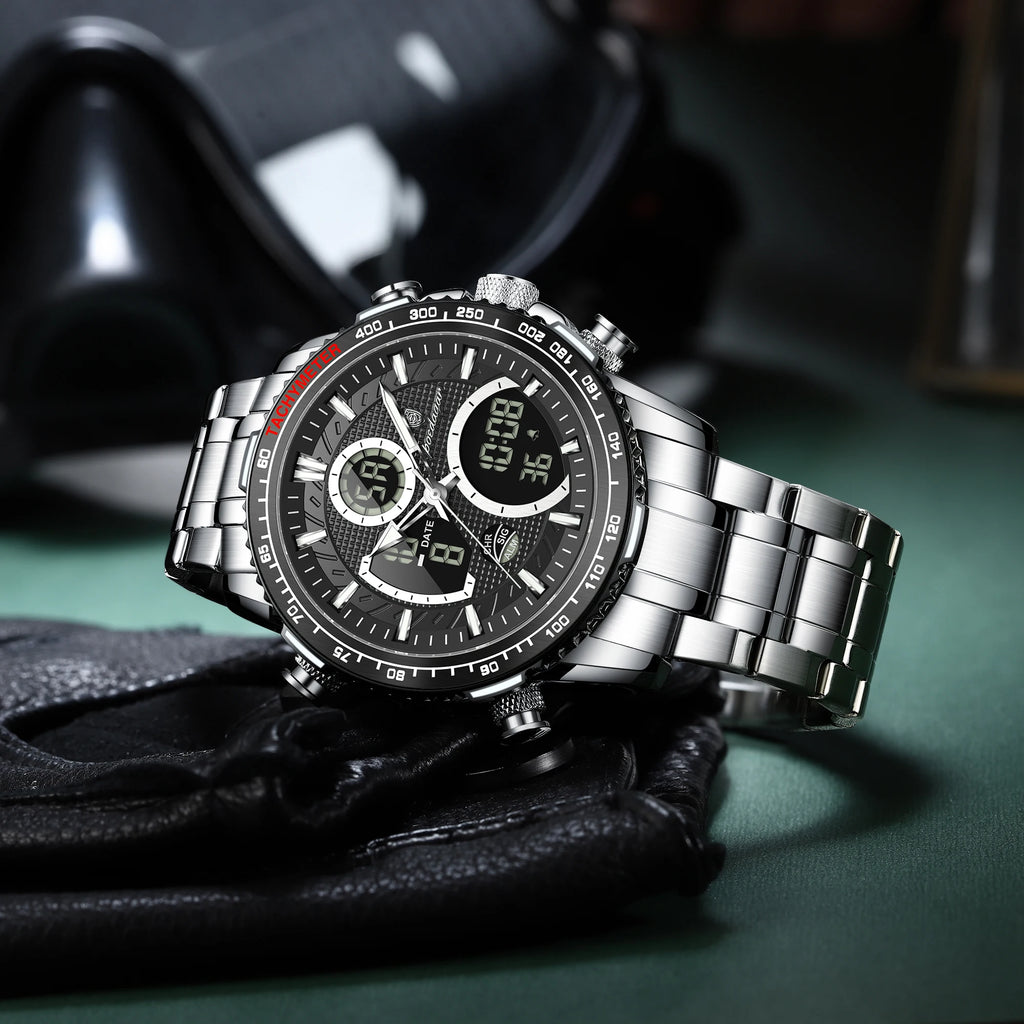 Poedagar E127 Men's Watch Sports Analog-Digital Waterproof Watch Dual Display Luminous Reloj Luxury Stainless Steel Quartz Watch
