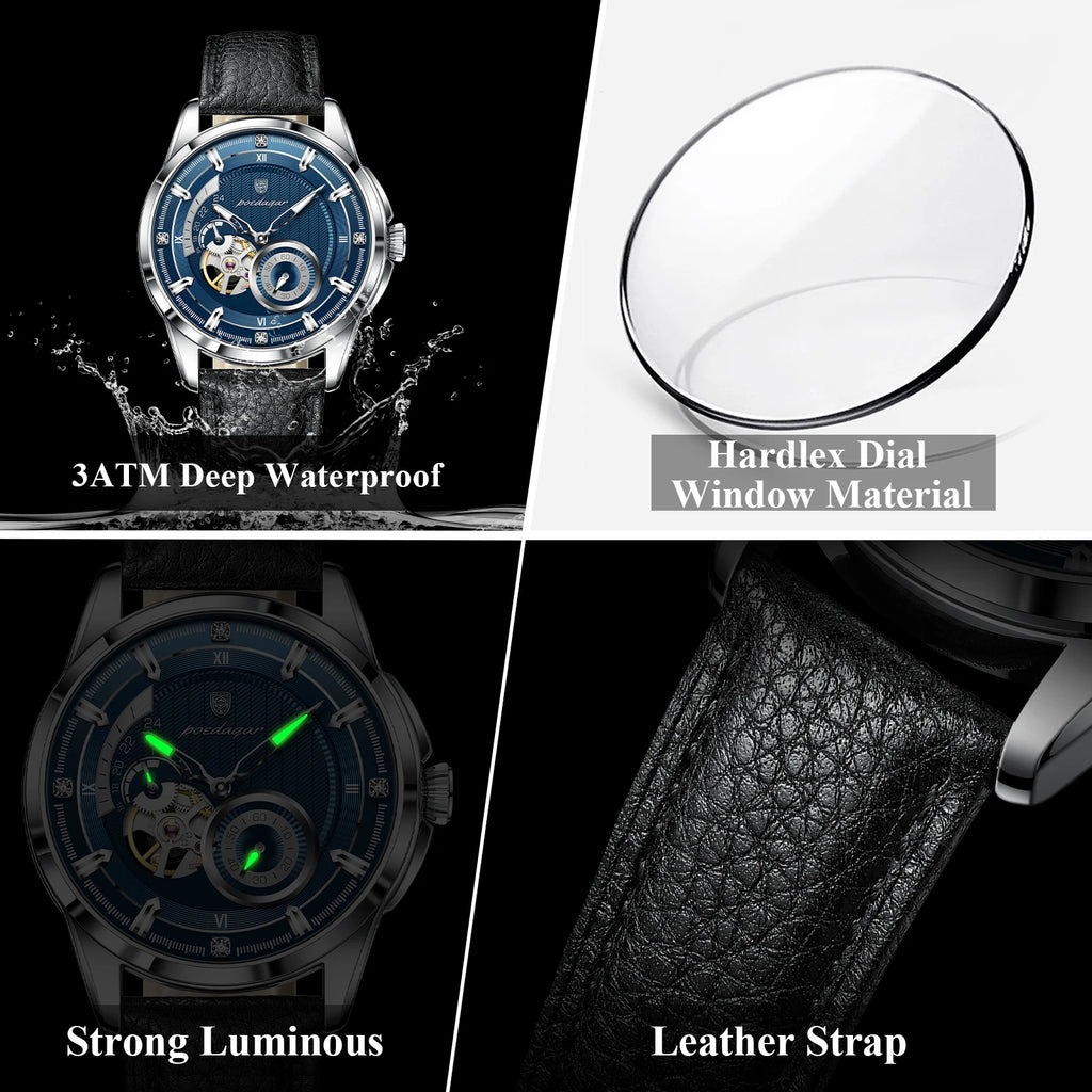 Poedagar 1427 Men Automatic Mechanical Watch Luxury Business Leather Band Luminous 3ATM Daily Waterproof Wristwatch for Men