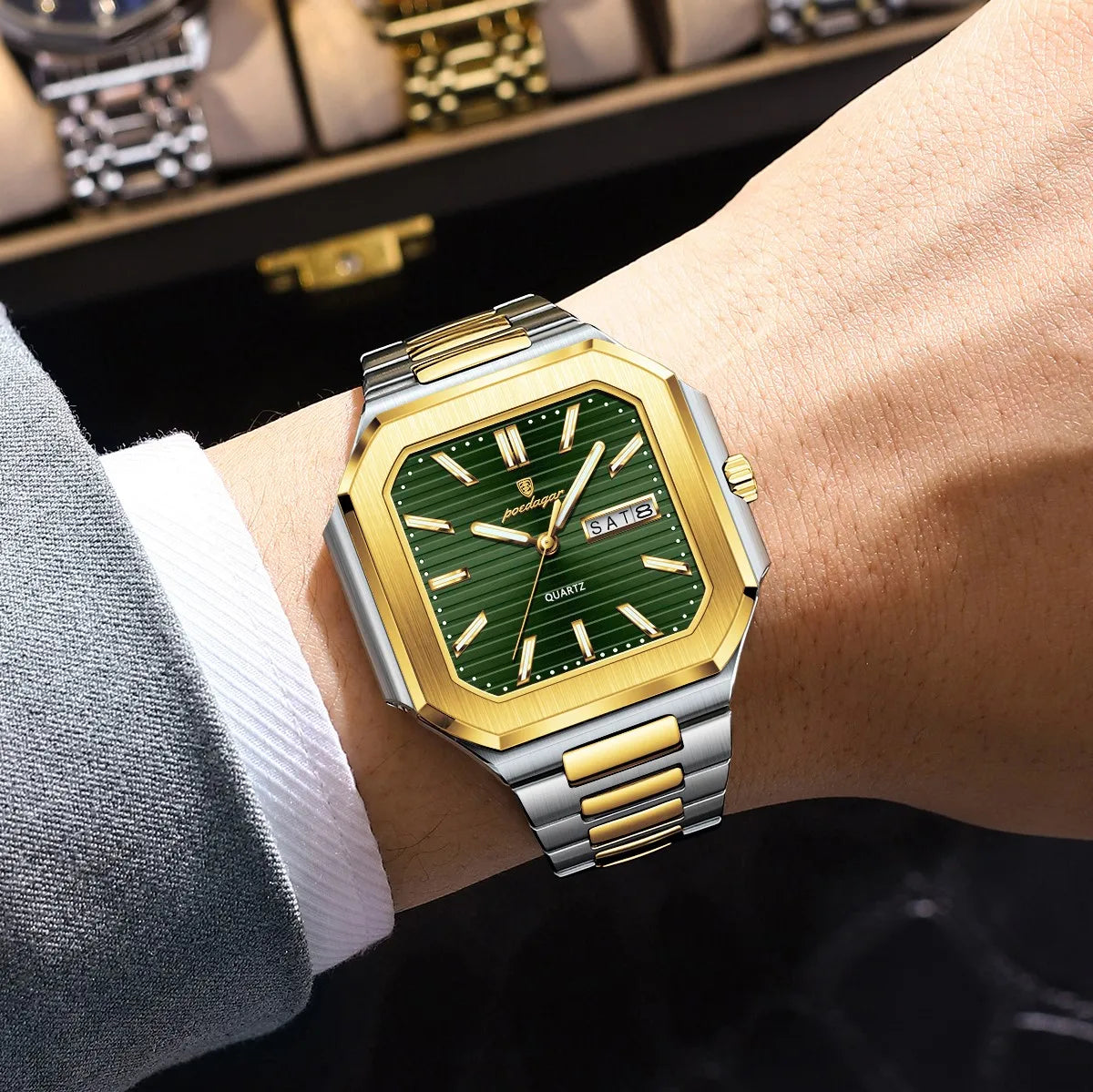 Poedagar 672 Men's Watch Luxury Square Case Stainless Steel Quartz Wristwatch Waterproof Luminous Date Business Watch for Men