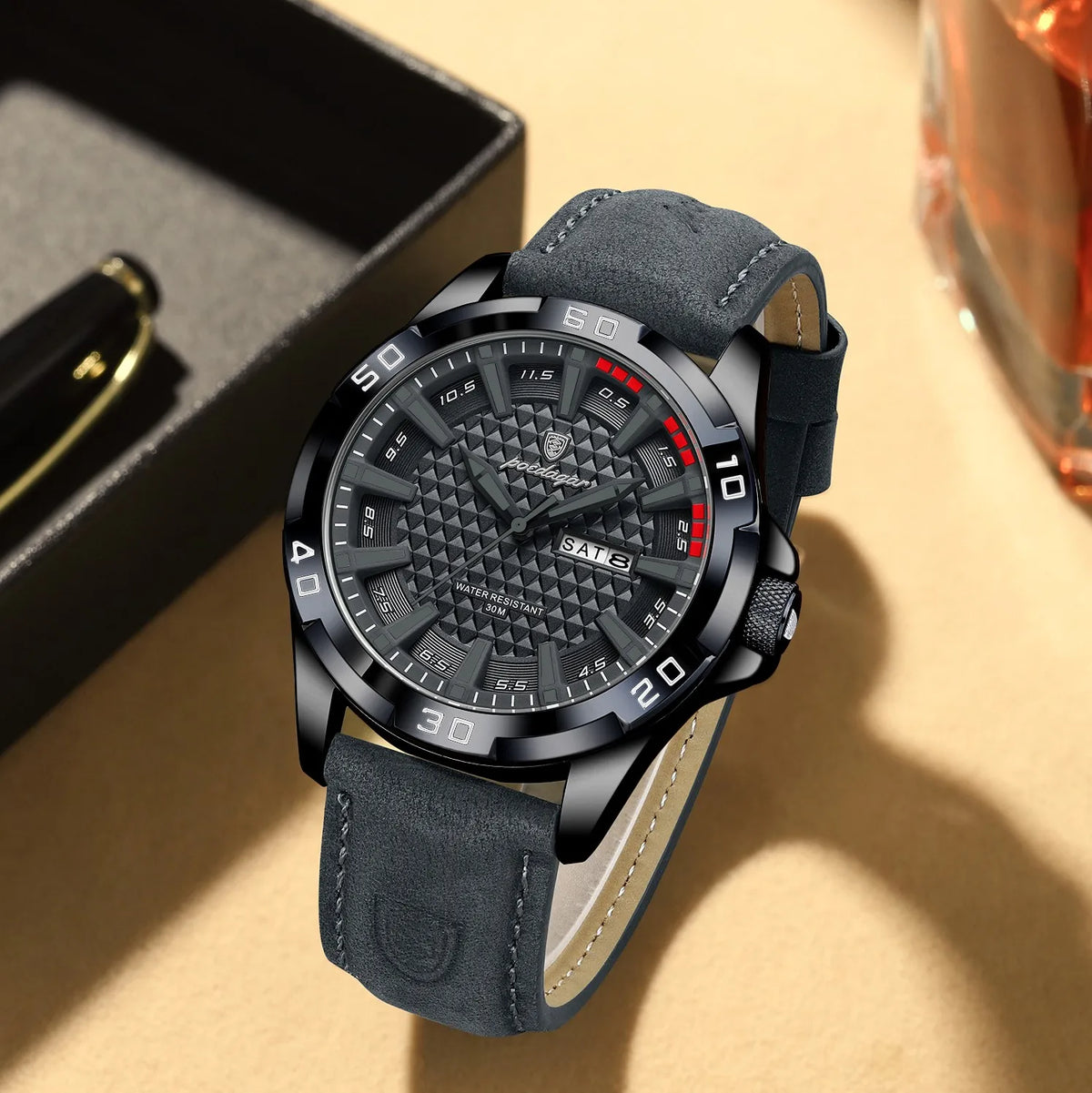 Poedagar 895 Sport Men Watch Geometric Dial Date Luminous Leather Strap Quartz Business Casual Waterproof Luxury Wristwatch