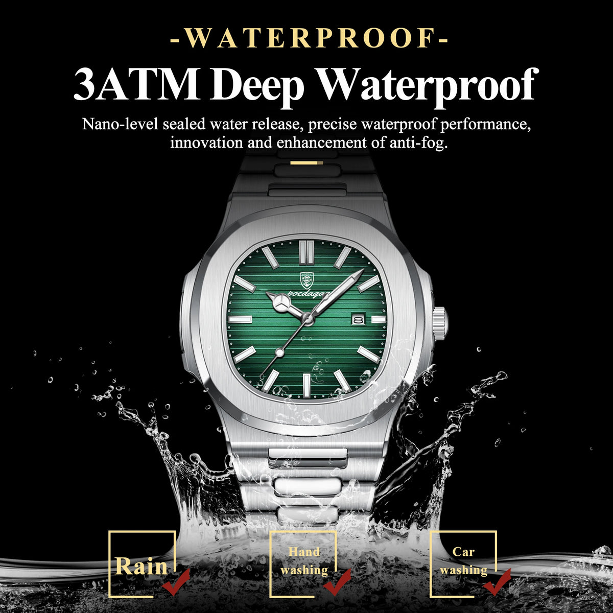 Poedagar Luxury Men Wristwatch Square Men Watches Waterproof Luminous Date Stainless Steel Quartz Watch for Men