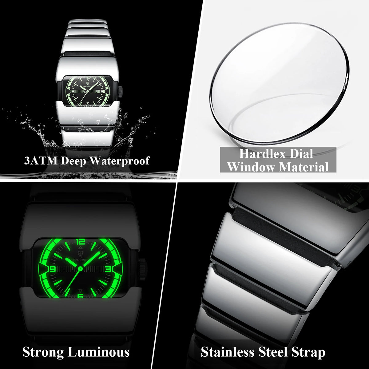 Poedagar 846 Luxury Men Square Quartz Watch Stainless Steel Strap Hardlex Glass 3ATM Waterproof Luminous Wrist Watch Wholesale