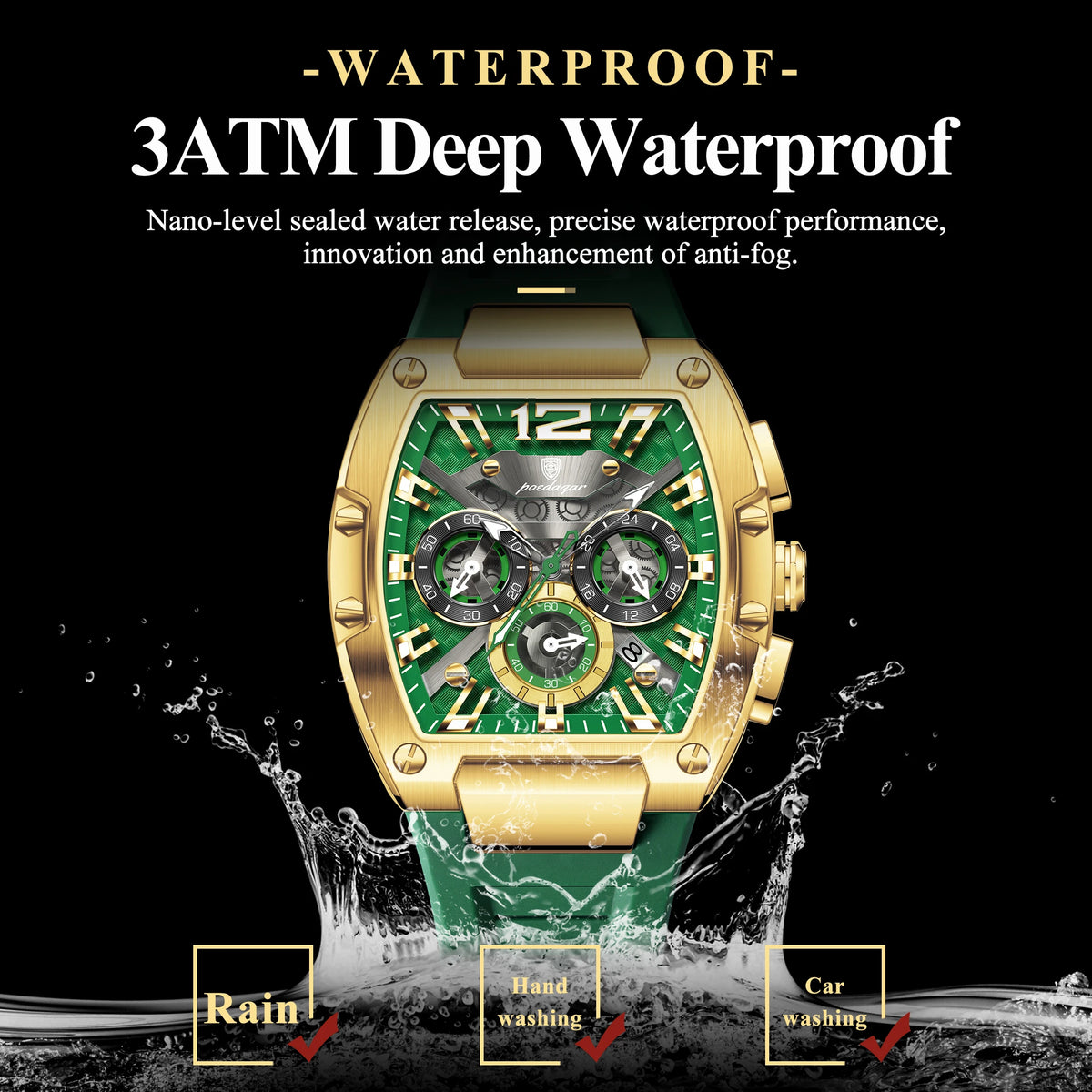 Poedagar 9051 Men Chronograph Quartz Watch Luxury Sport Orologio Waterproof Luminous Reloj Hombre Silicone Strap Watch for Men