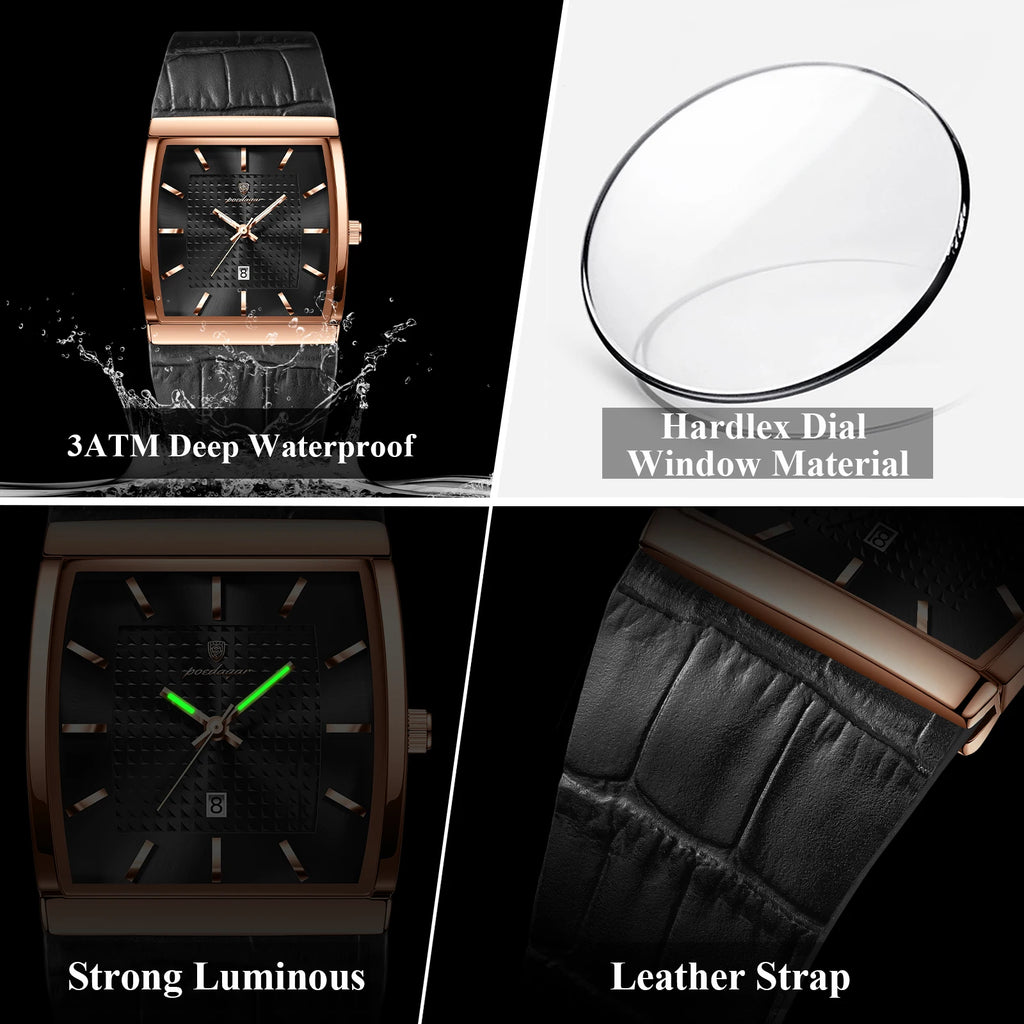 Poedagar 885 Luxury Men's Watch Leather Strap Luminous Date Quartz Watches Reloj Hombre Waterproof Fashion Square Watch for Men