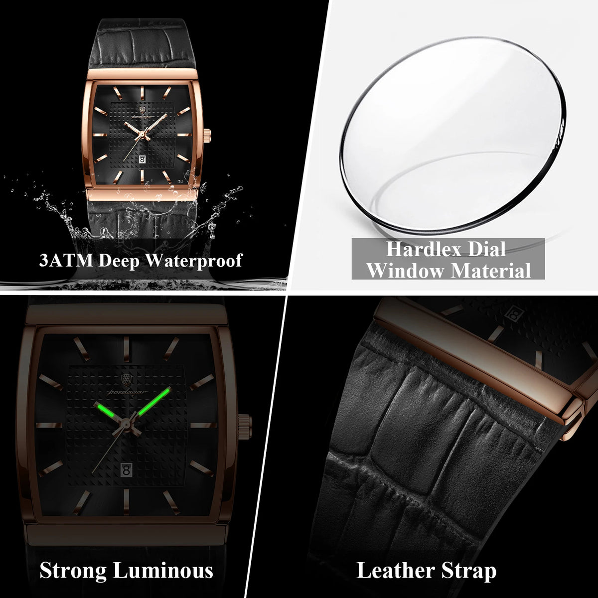 Poedagar 885 Luxury Men's Watch Leather Strap Luminous Date Quartz Watches Reloj Hombre Waterproof Fashion Square Watch for Men