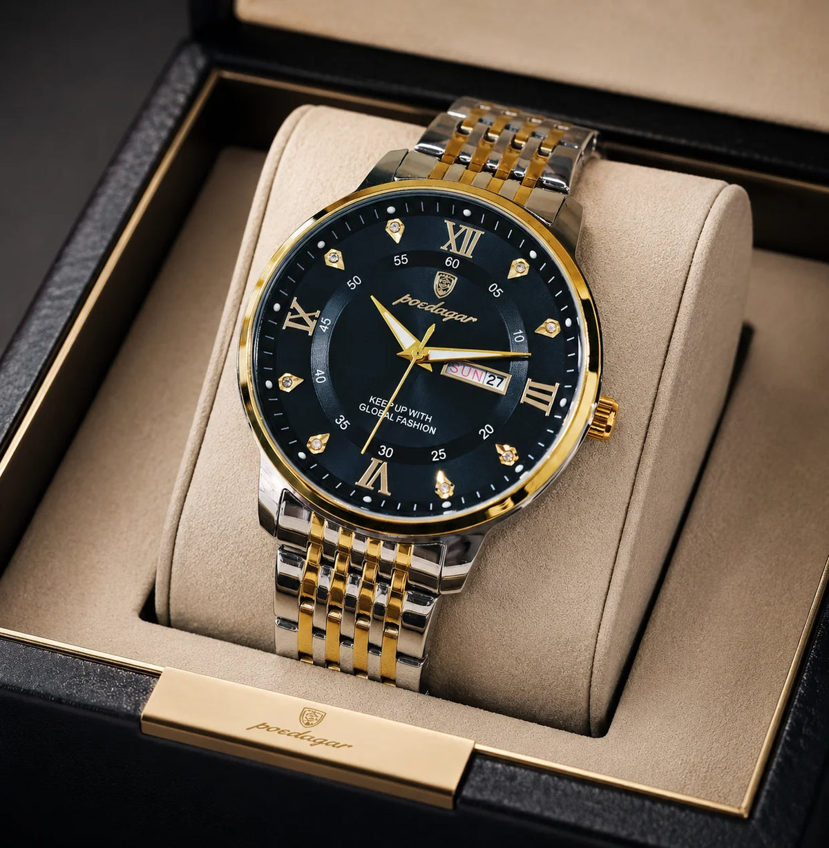 Poedagar 836 Luxury Men's Watch Business Diamond Stainless Steel Relojes Montre Waterproof Luminous Calendar Watch for Men