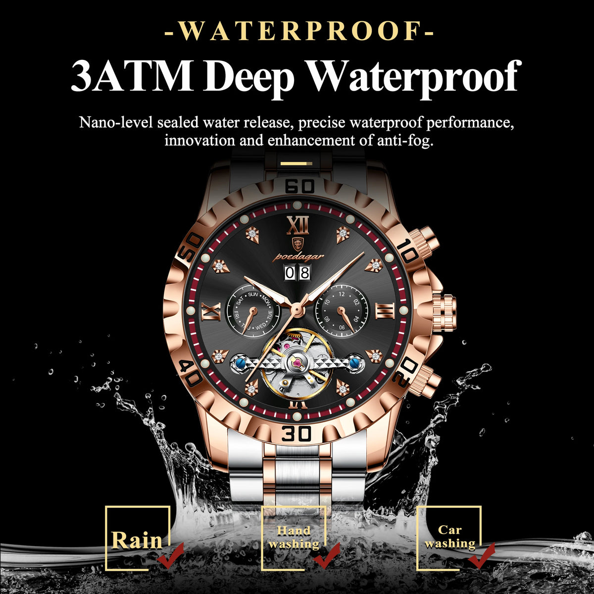 Poedagar 1418 Men's Mechanical Watch Luxury Business Luminous Waterproof Date Wristwatch Hollow Stainless Steel Automatic Watch