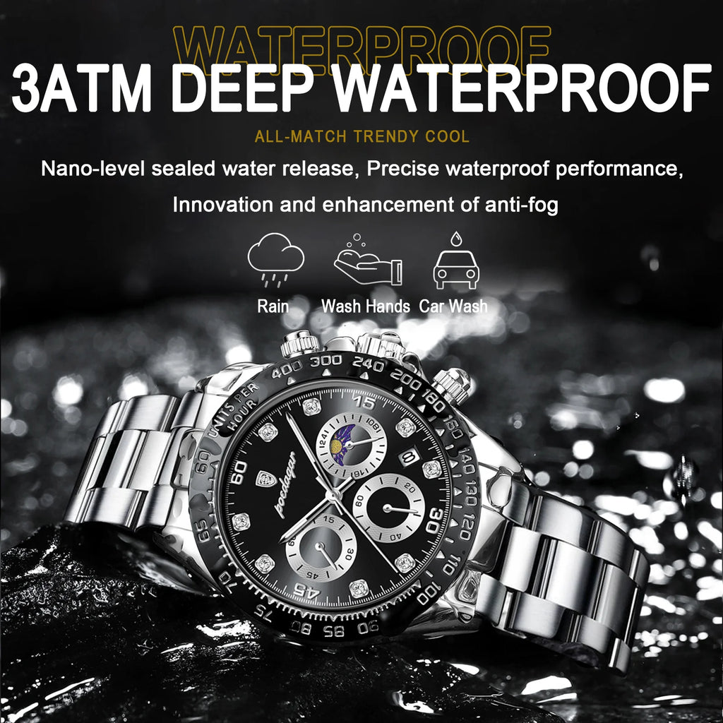 Poedagar New Men Fashion Business Ultra-thin Chronograph Watches Waterproof Calendar Clock Male Stainless Steel Strap Quartz Wat