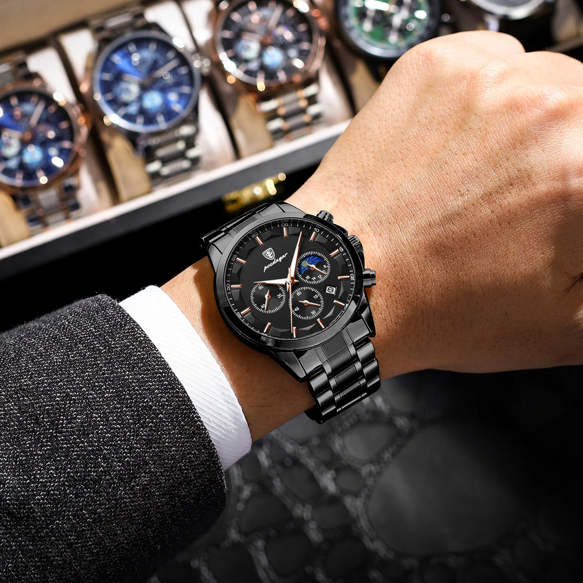 Ready to Ship Poedagar 928 Men Watch Luxury Moon Phase Chronograph Relief Dial Stainless Steel Luminous Waterproof Watch for Men