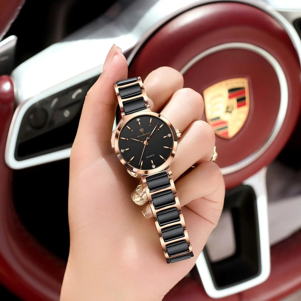 Poedagar 505 Elegant Rose Case Stainless Steel Bracelet 30M Waterproof Analog Quartz Watch for Women