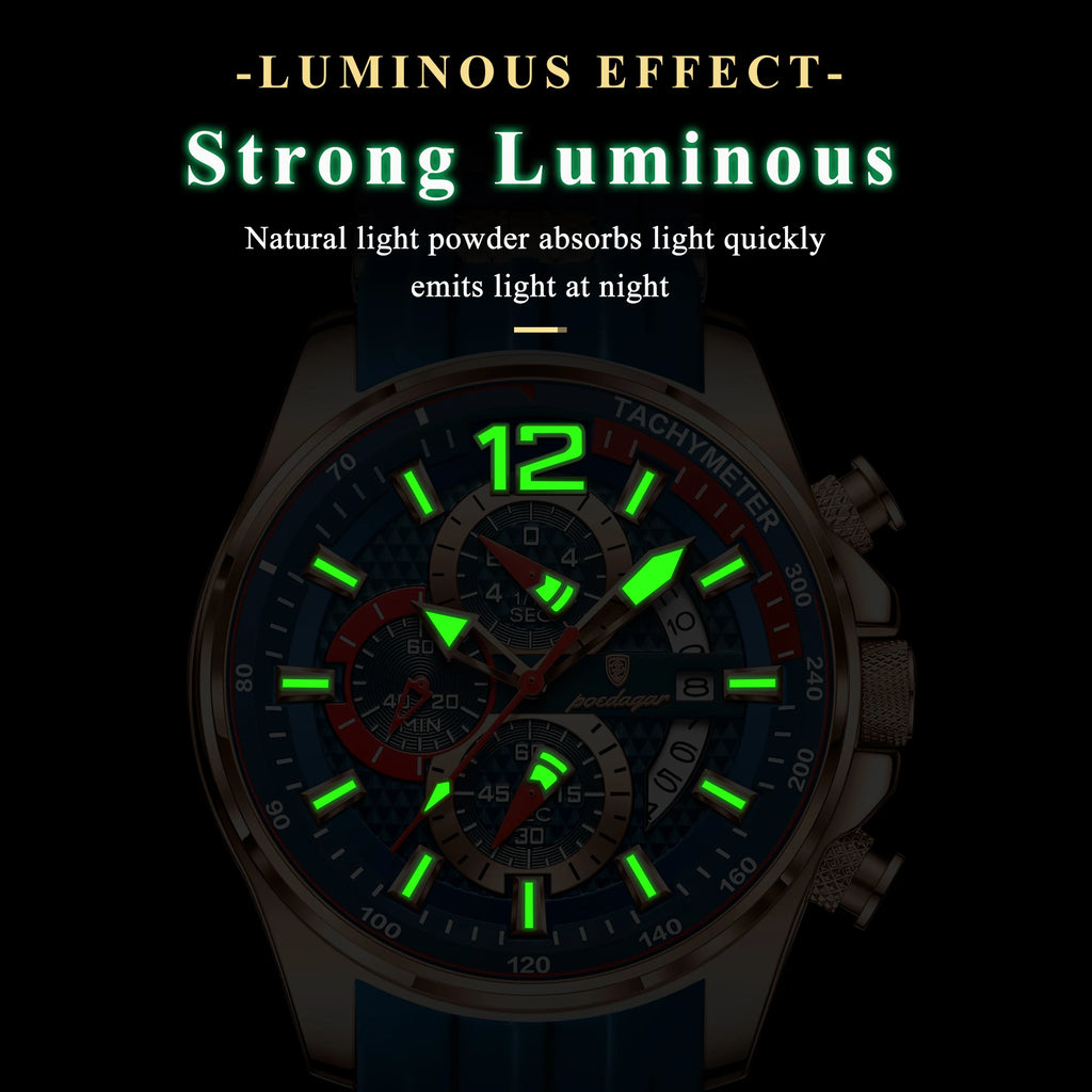 Poedagar New Arrival Men Fashion Quartz Chronograph Wristwatch Sports Silicone Band Luminous Waterproof Watch for Men