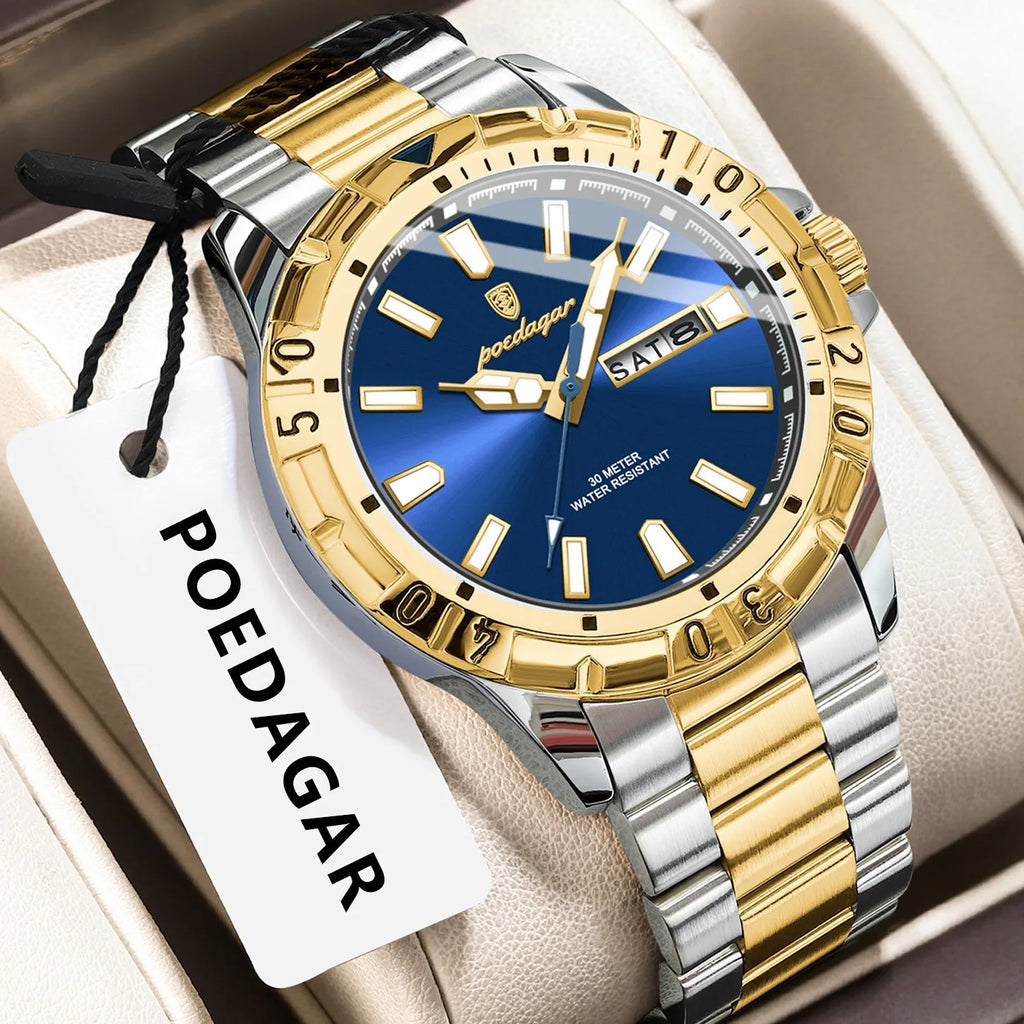 Poedagar 959 Men's Quartz Watch Two-Tone Stainless Steel Business Wristwatch Herrenuhr Waterproof Luminous Date Watch for Men