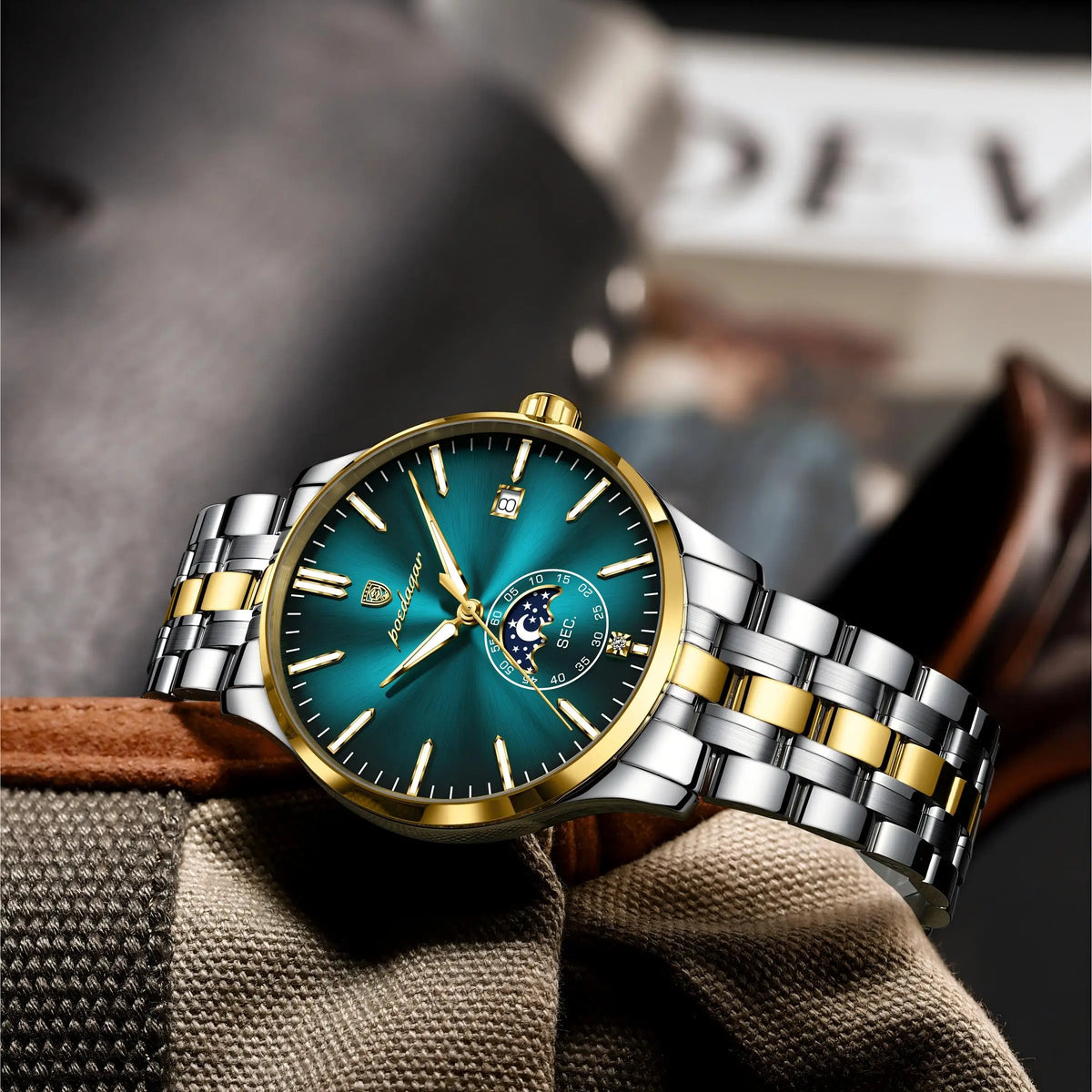 Poedagar 854 Luxury Mens Quartz Watch Stainless Steel Band Moon Phase Calendar Waterproof Business Wristwatch for Men