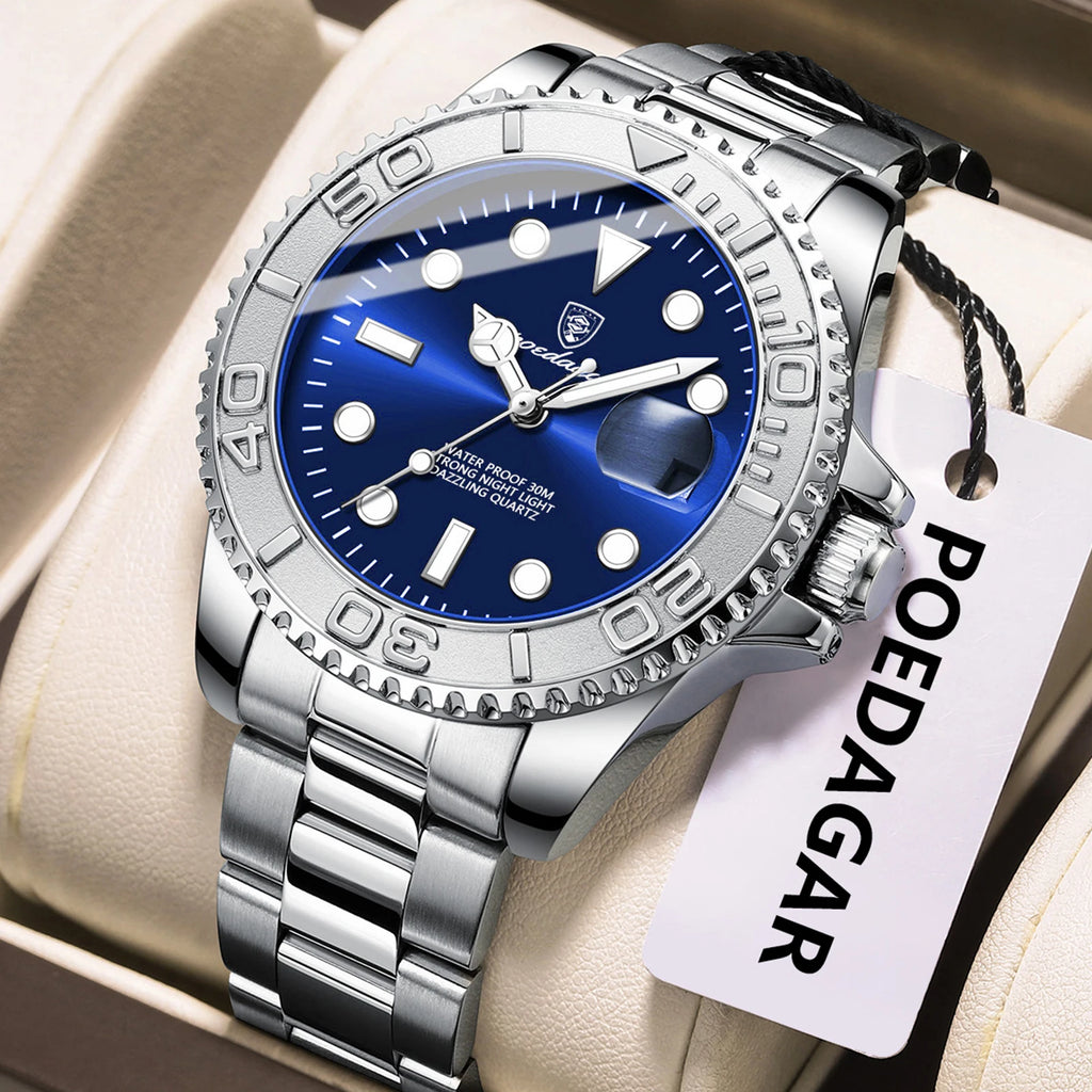 Poedagar 680 Factory Wholesale 43mm Men's Quartz Watch Stainless Steel Blue Dial 30M Waterproof Wrist Watch