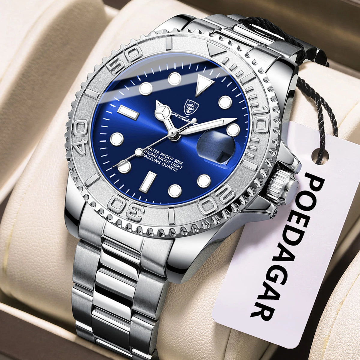 Poedagar 680 Factory Wholesale 43mm Men's Quartz Watch Stainless Steel Blue Dial 30M Waterproof Wrist Watch