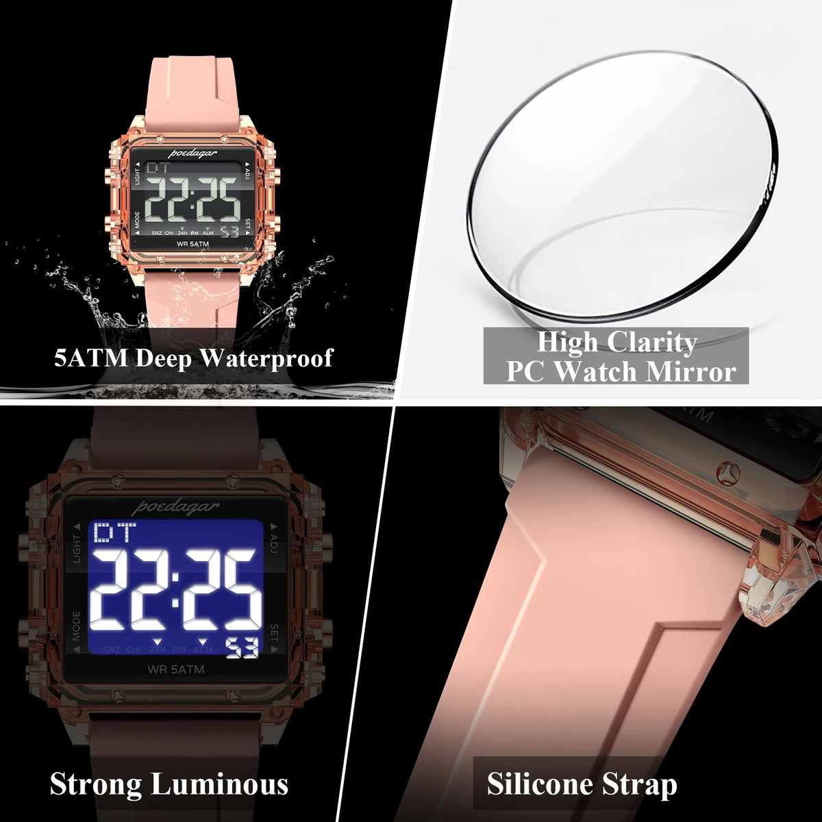 Poedagar E123 Men's Luxury Silicone Square Dial LED Digital Watch with CE Certified