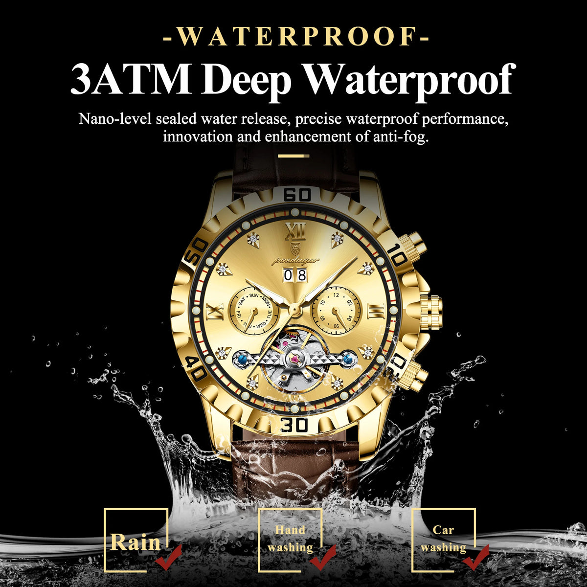 Poedagar 1418 Luxury Automatic Men's Mechanical Watch Gold-Tone Leather Hollow Tourbillon Waterproof Luminous Wristwatch for Men
