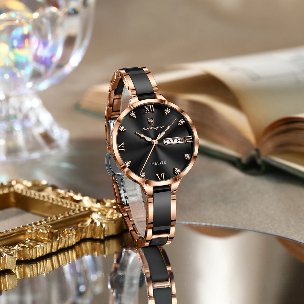 Poedagar 506 Luxury Stainless Steel Strap Women Quartz Watch Luminous Waterproof WristWatch