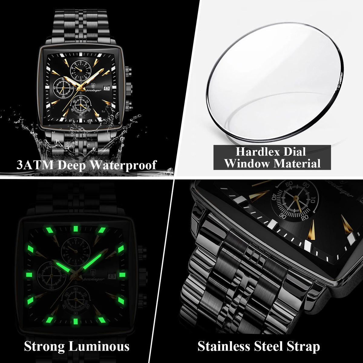 Poedagar 866 Business Sport Men Watch Square Dial 3-Eye Chronograph Stainless Steel Luminous Waterproof Fashion Reloj Wristwatch
