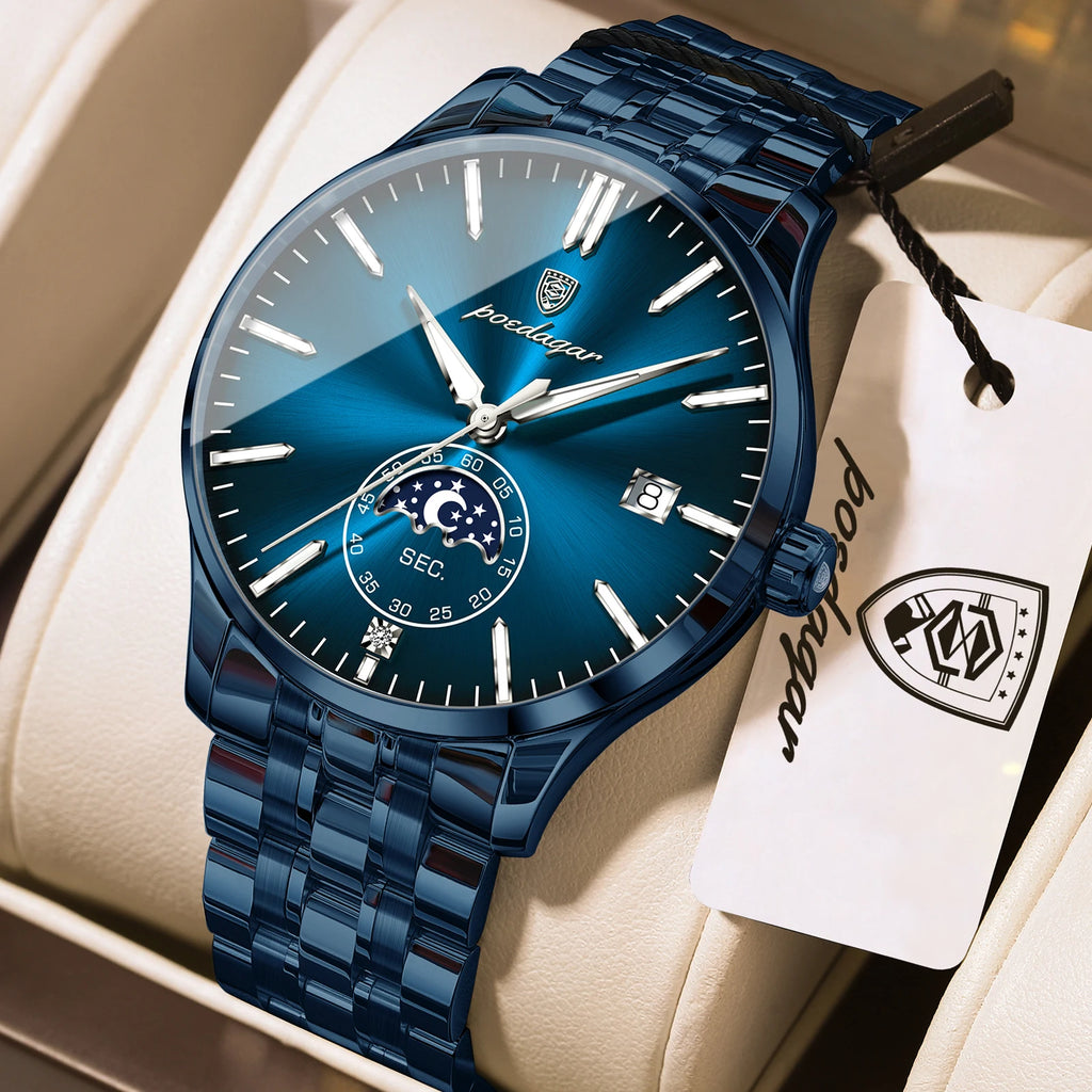 Poedagar 854 Men's Quartz Watch Luxury Moon Phase Stainless Steel Montre Homme Calendar Waterproof Business Wristwatch for Men