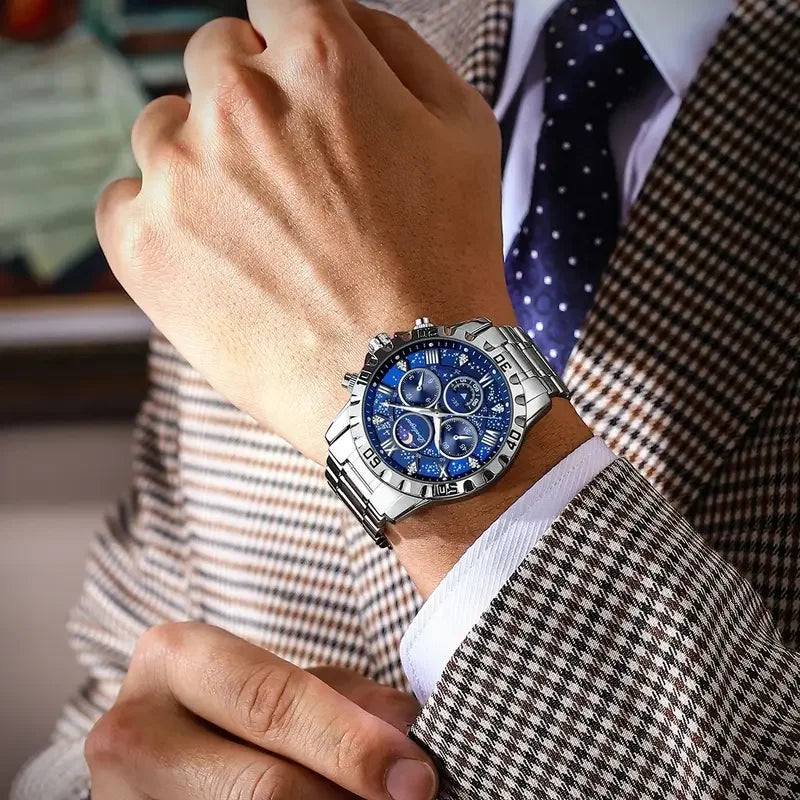 Poedagar New Fashion Mens Watches Stainless Steel Chronograph Quartz Wristwatch Waterproof Luminous Watch for Men