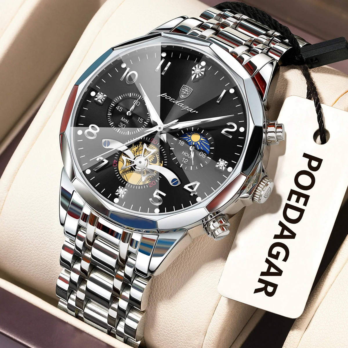 Poedagar 939 Men's Luxury Stainless Steel Chronograph Quartz Watch Waterproof Luminous Watch for Men