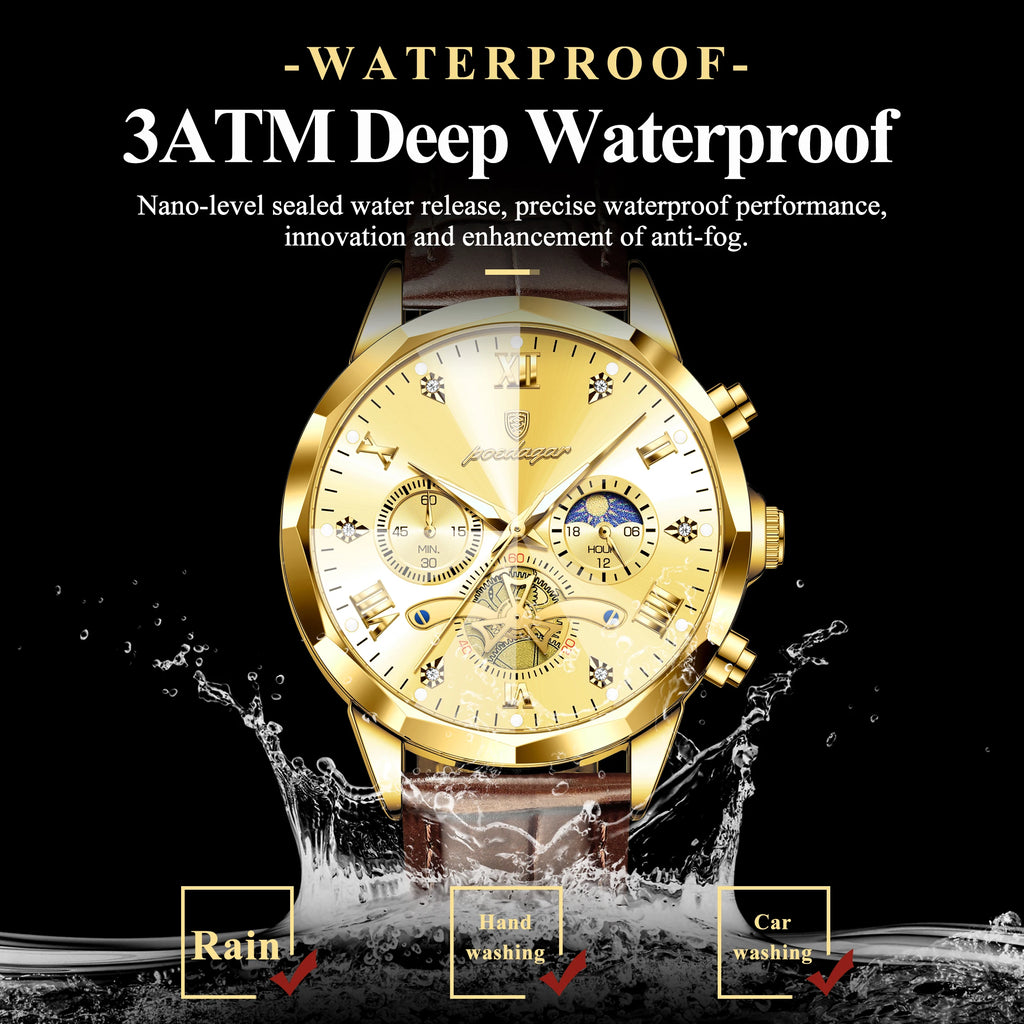 Watch for Men Luxury Poedagar 938 All Gold Dial Reloj Leather Strap Chronograph Quartz Watches Luminous Waterproof Men's Watch