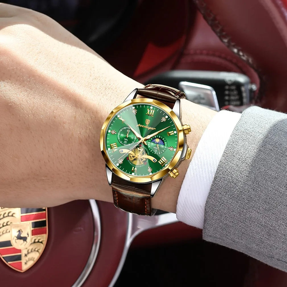 Poedagar 938 Men's Watch Luxury Two-Tone Leather Strap Montre Homme Chronograph Quartz Watches Luminous Waterproof Watch for Men