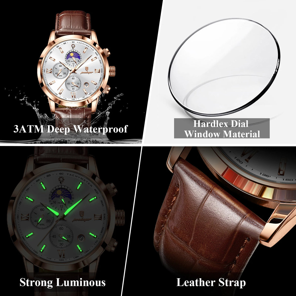 Poedagar 882 Men Chronograph Watch Business Luxury Montre Leather Strap Waterproof Luminous Date Reloj Quartz Wristwatch for Men
