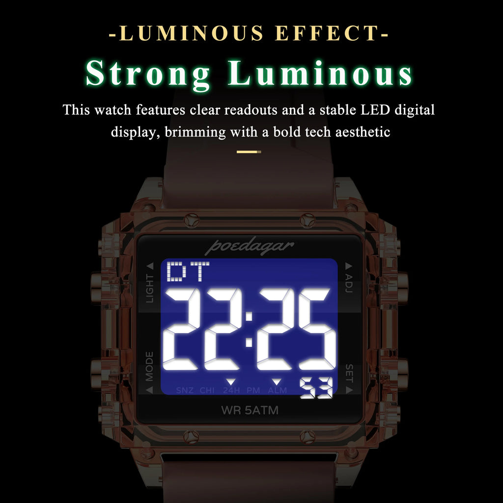 Poedagar E123 Men's Luxury Silicone Square Dial LED Digital Watch with CE Certified
