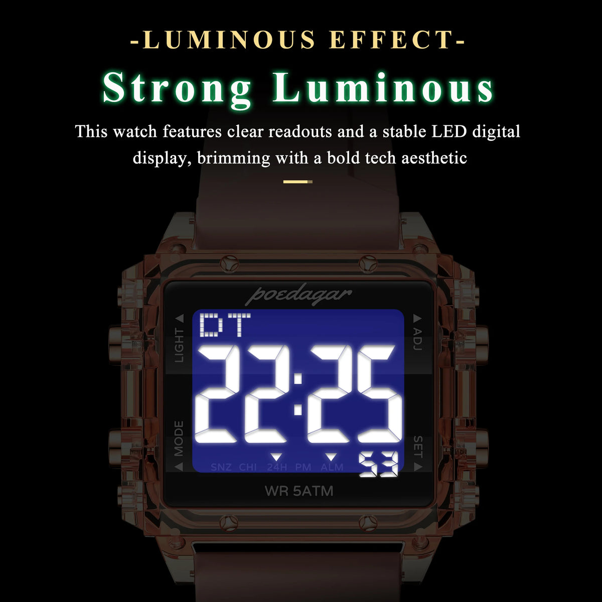 Poedagar E123 Men's Luxury Silicone Square Dial LED Digital Watch with CE Certified