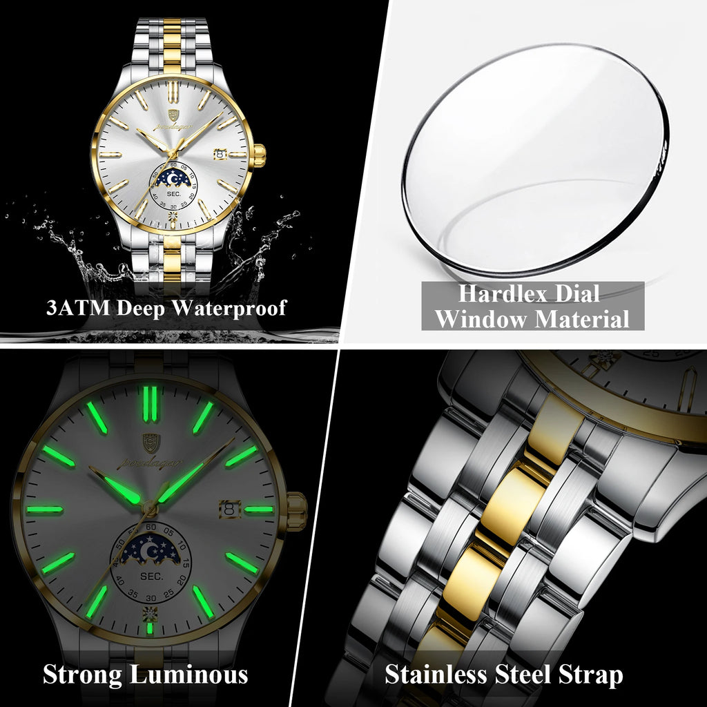 Poedagar 854 Men's Watches Luxury Moon Phase Stainless Steel Quartz Watch Reloj Calendar Waterproof Business Wristwatch for Men