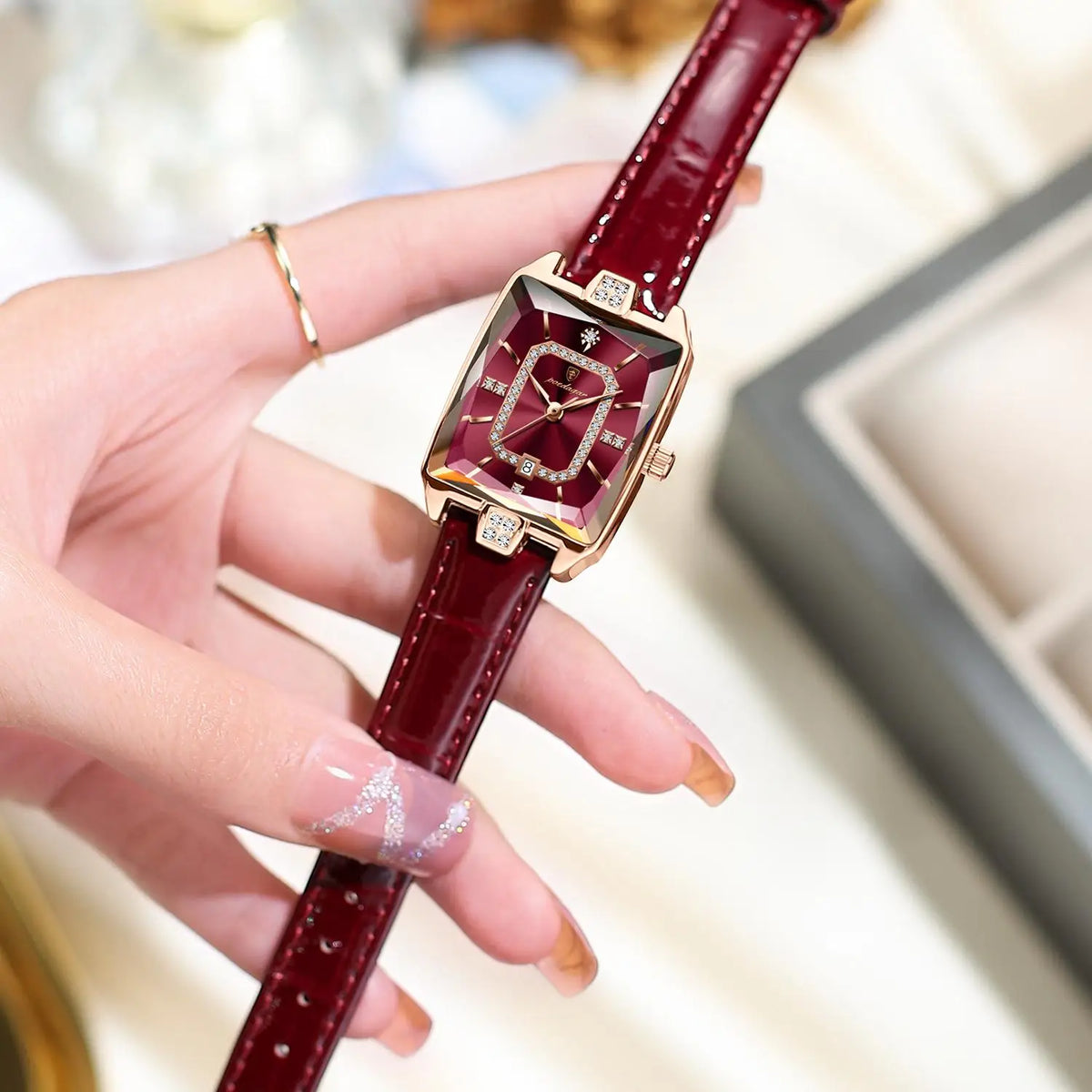 Poedagar 785 Square Shape Crystal Clock for Girl Luxury Leather Band Waterproof Quartz Women Watch