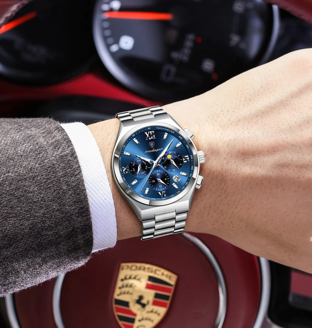 Poedagar 688 Luxury Men's Quartz Watch Waterproof Luminous Wristwatch Multi-Functional Chronograph Stainless Steel Watch for Men