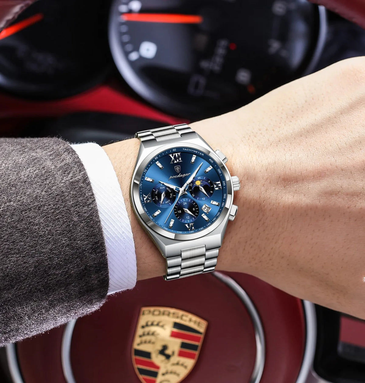 Poedagar 688 Luxury Men's Quartz Watch Waterproof Luminous Wristwatch Multi-Functional Chronograph Stainless Steel Watch for Men
