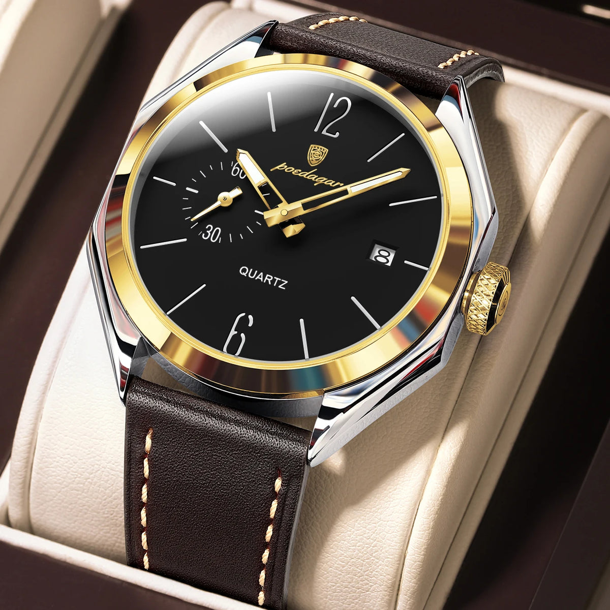POEDAGAR 689 Quartz Watch Men Hardlex Dial Leather Strap 3ATM Waterproof Luminous Night Light Business Wristwatch