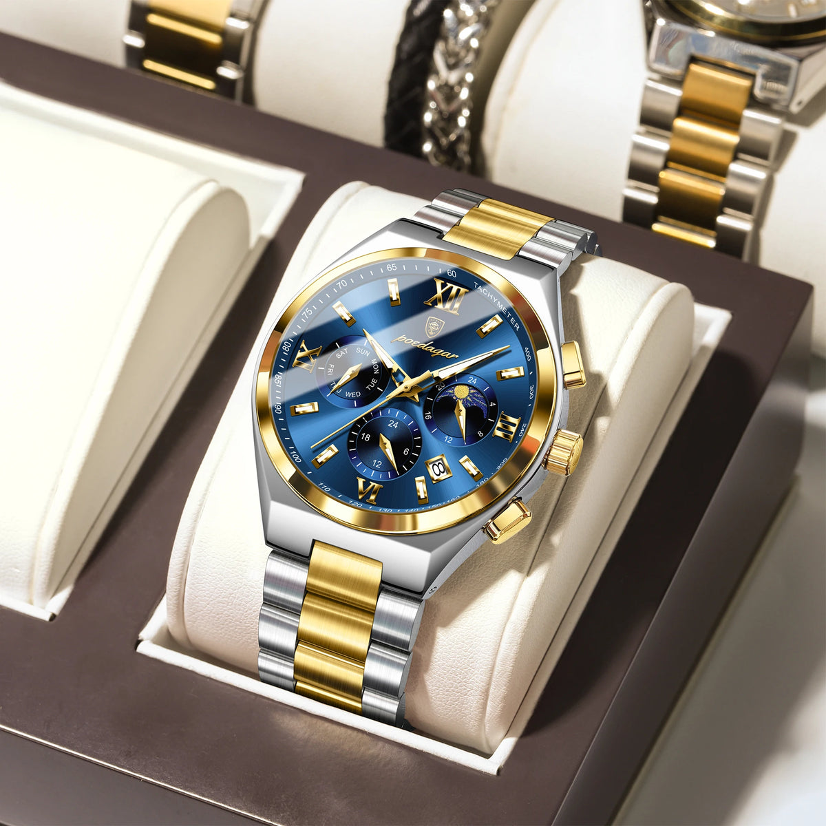 Poedagar New Fashion Men's Quartz Watch 42MM Dial Waterproof Multi-Functional Chronograph Stainless Steel Watch for Men
