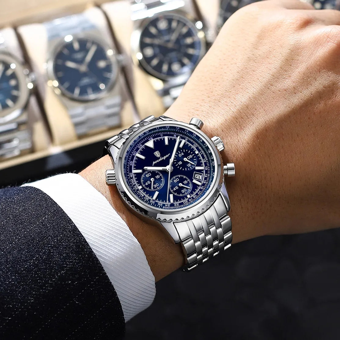Poedagar 960 Luxury Men Watch 3-Eye Chronograph Stainless Steel Quartz Wristwatch Luminous Date Sport Business Casual Waterproof