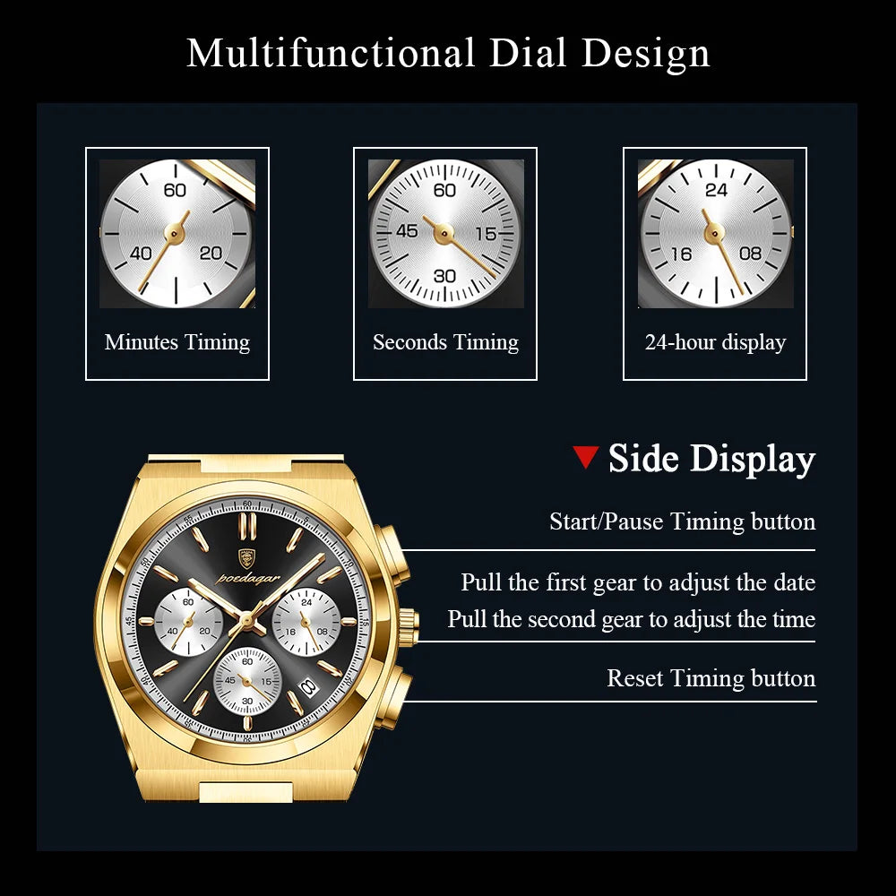 Poedagar 970 Mens Luxury Watch Chronograph Stainless Steel Quartz Wristwatch Luminous Reloj Montre Waterproof Watch for Men