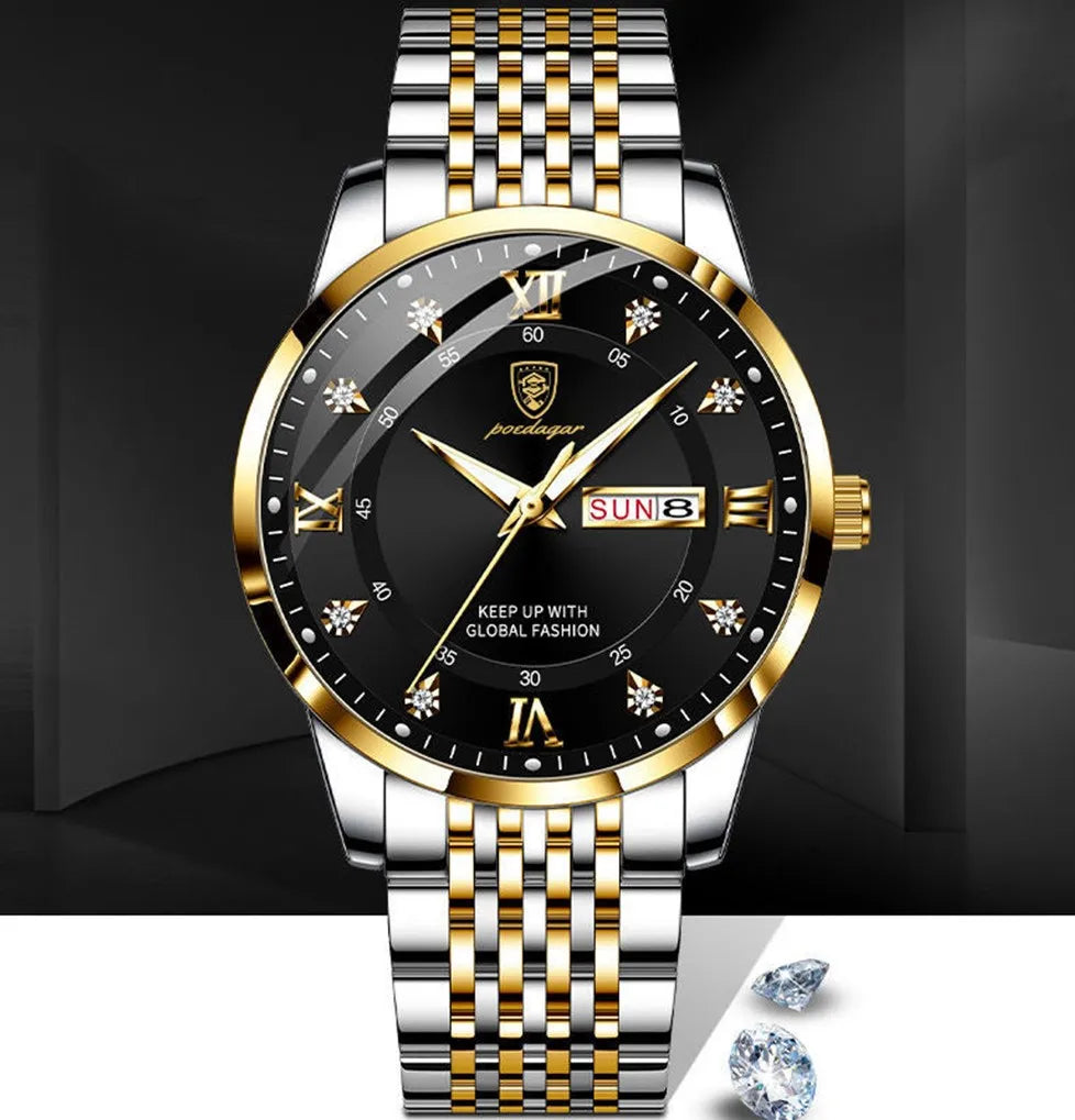 Poedagar 836 Luxury Men's Watch Business Diamond Stainless Steel Relojes Montre Waterproof Luminous Calendar Watch for Men