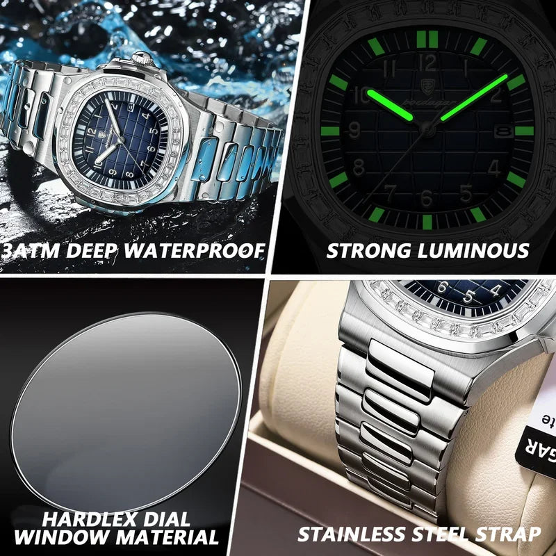 POEDAGAR 925 Luxury Men Wristwatch Luminous Waterproof Date Men Watch Stainless Steel Quartz Watches for Men