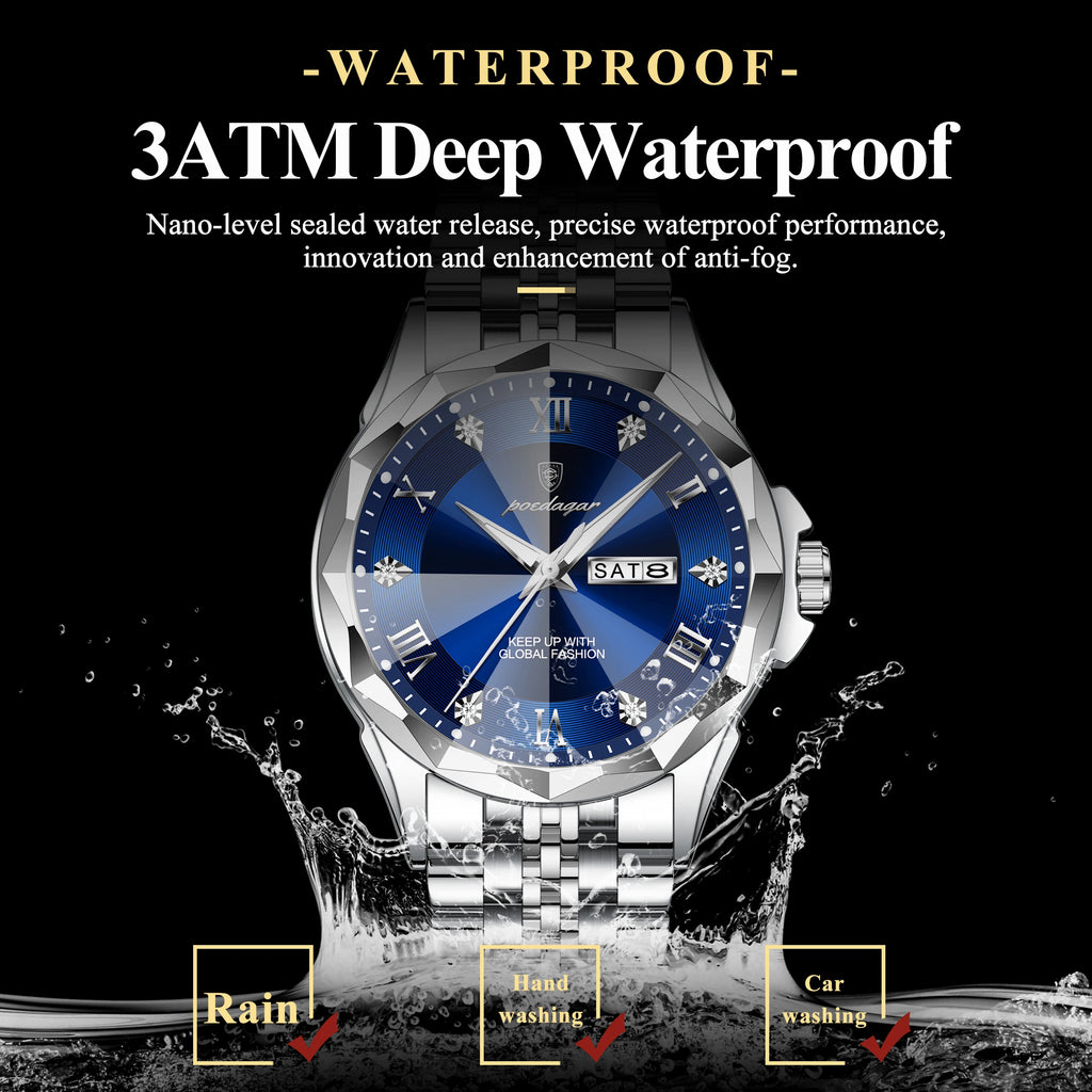 Poedagar 698 Men Quartz Watches Luxury Business Stainless Steel Strap Wrist Watch Calendar Luminous Waterproof Watch for Men