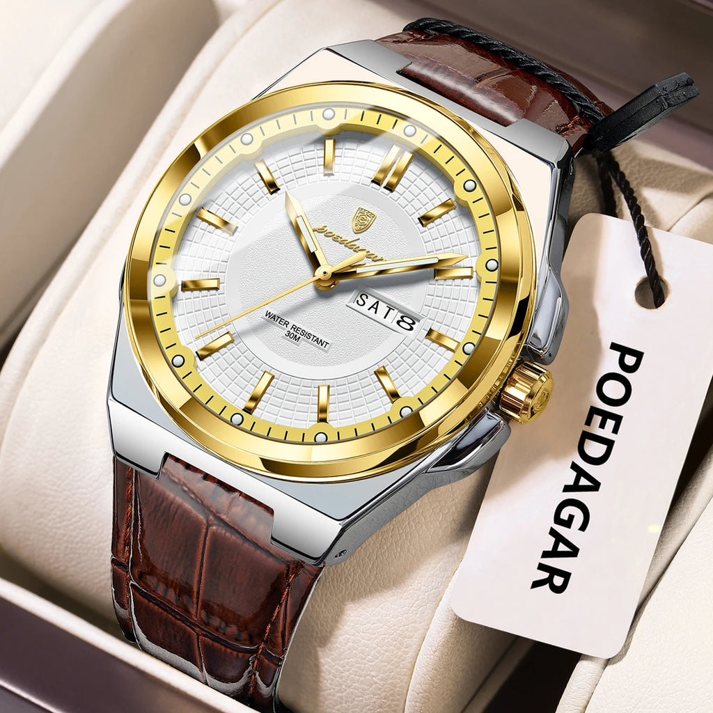 Poedagar 896 Luxury Sports Luminous Quartz Mens Watch Leather Strap Waterproof Watch for Men