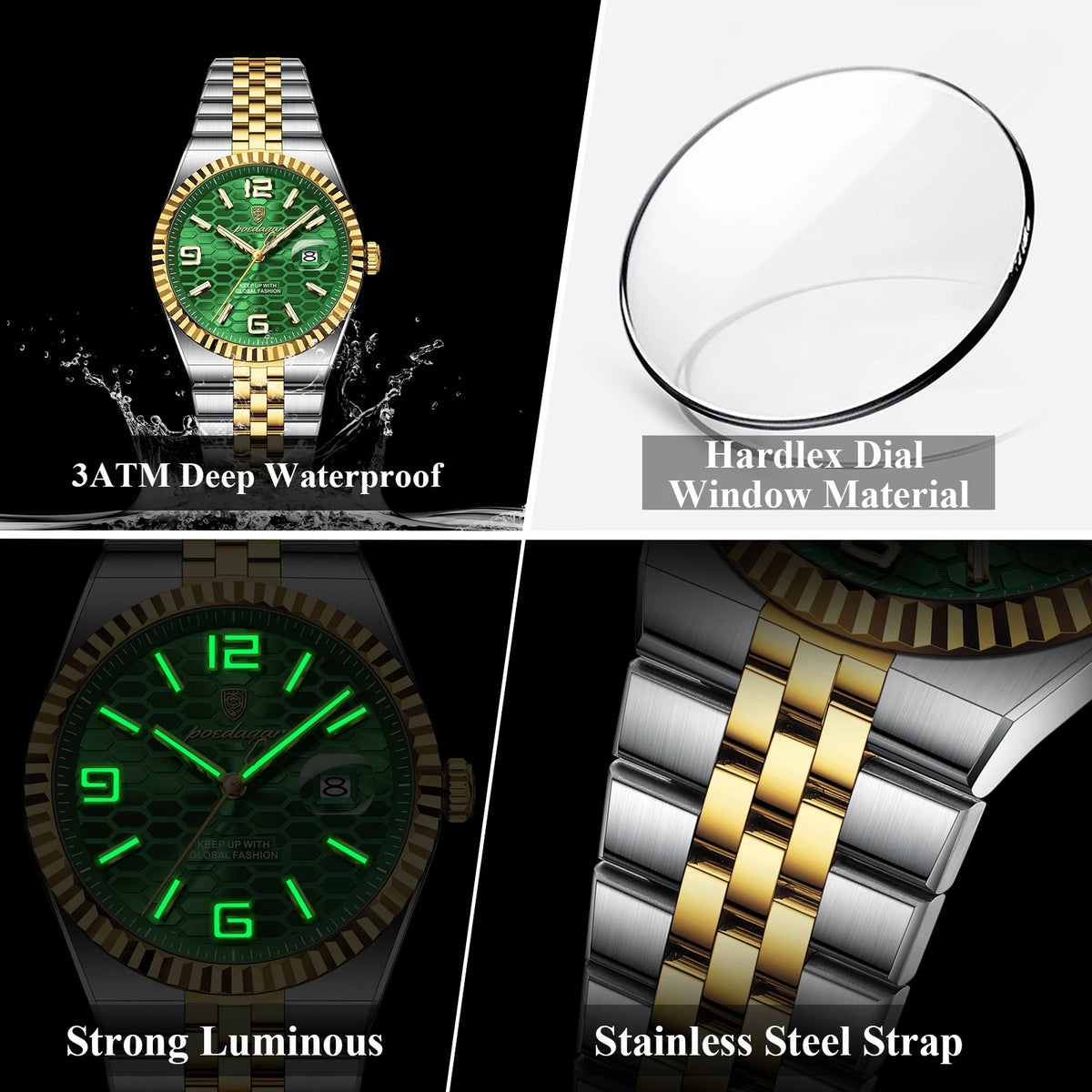 Poedagar 839 Men's Luxury Business Watch Fluted Bezel 2-Tone Green Honeycomb Dial Quartz Luminous Date 3ATM Waterproof Wholesale