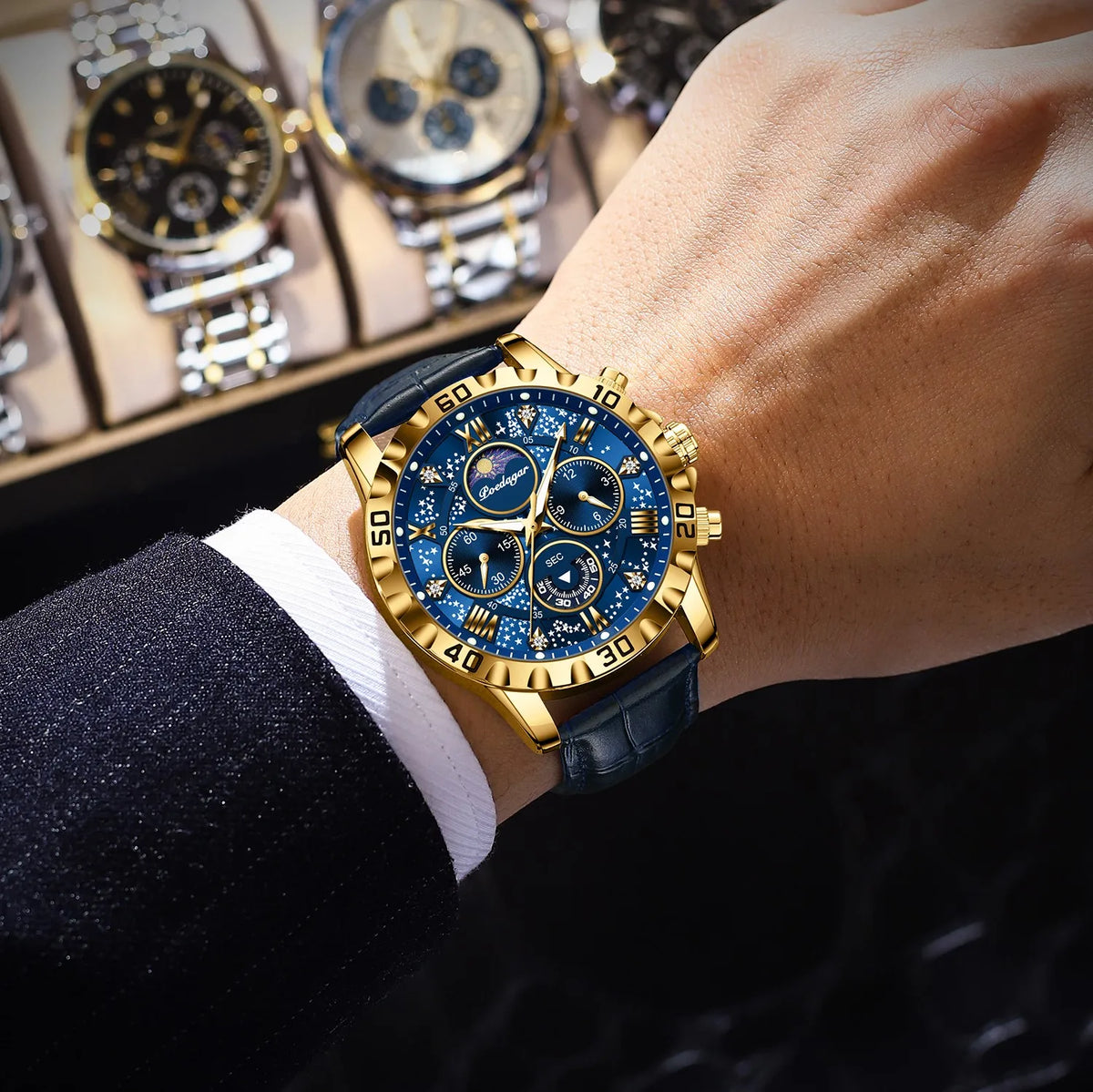 Poedagar 973 Luxury Mens Watch Leather Strap Waterproof Luminous Business Quartz Watches Chronograph Watch for Men Montre Homme