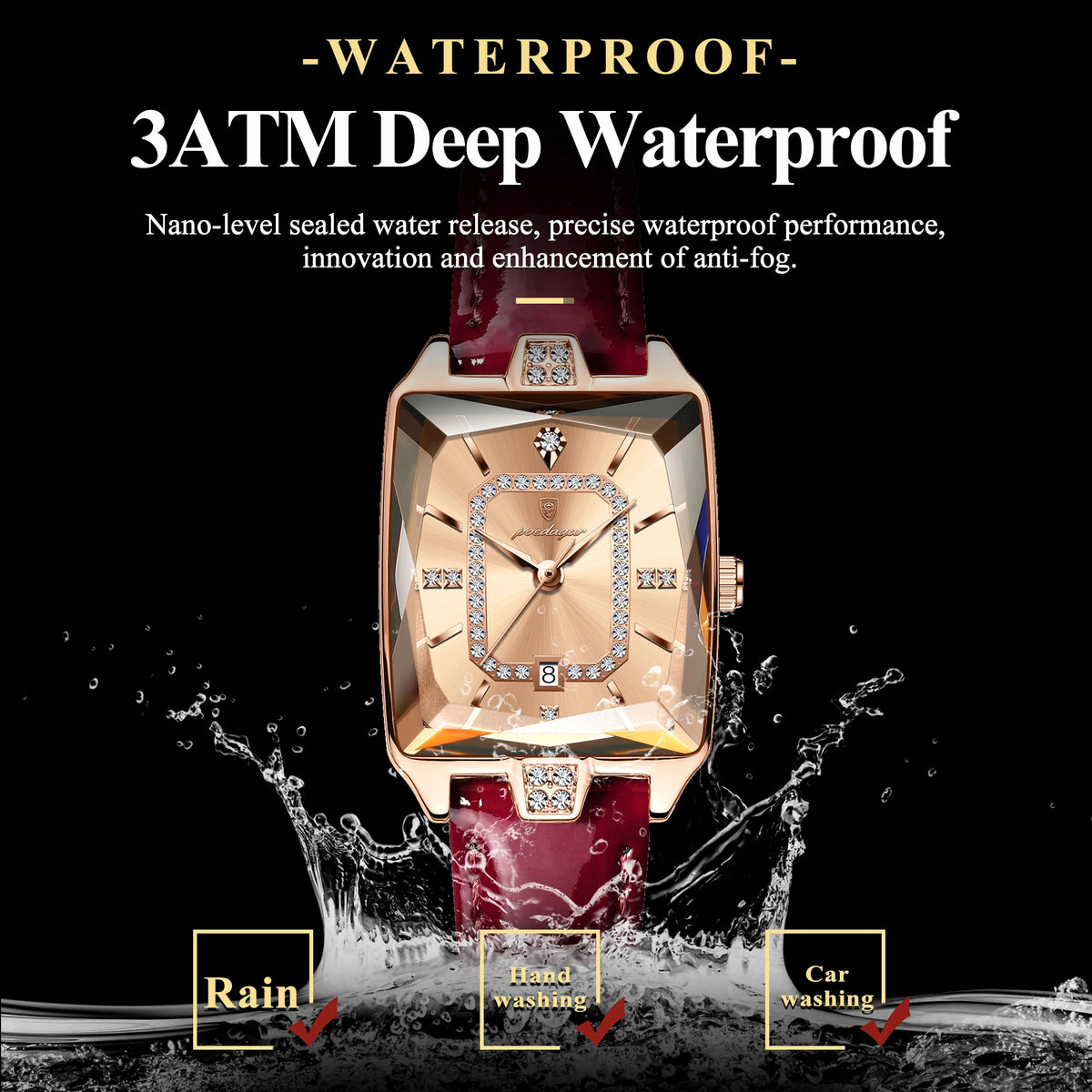 Poedagar 785 Luxury Women Watches Square Case Crystal Clock for Girl Business Leather Band Waterproof Quartz Watch for Women